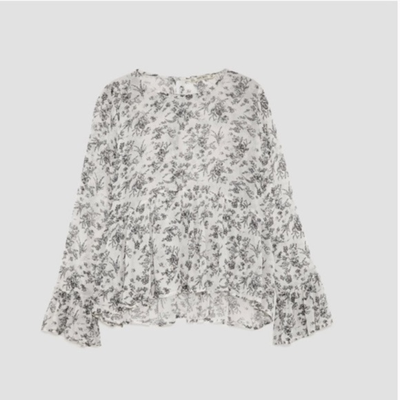 Zara floral sheer with sequence accent bell sleeves top blouse - Picture 2 of 9